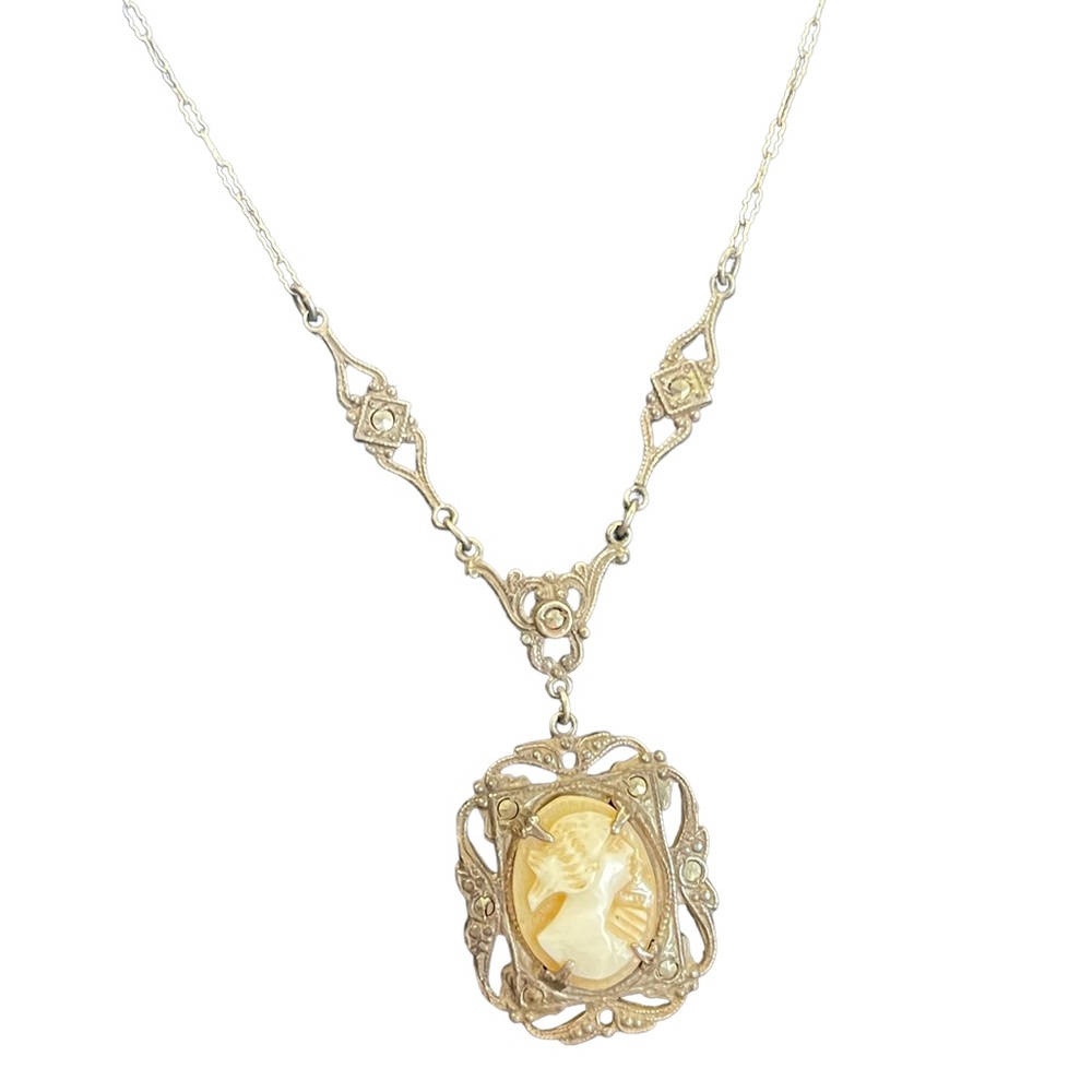 Antique Victorian Sterling Silver Lavalier Shell Cameo necklace
